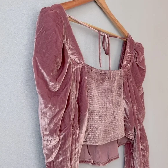 Free People • NWOT Mauve Bridgette Velvet Puff Sleeve Corset Style Top Size Med - Picture 15 of 17
